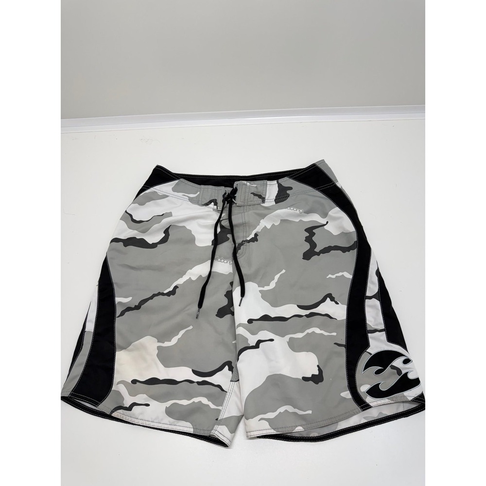 Vintage Billabong Y2K Camo Board Shorts Size 36 Gray White Black Surf Swim Trunk
